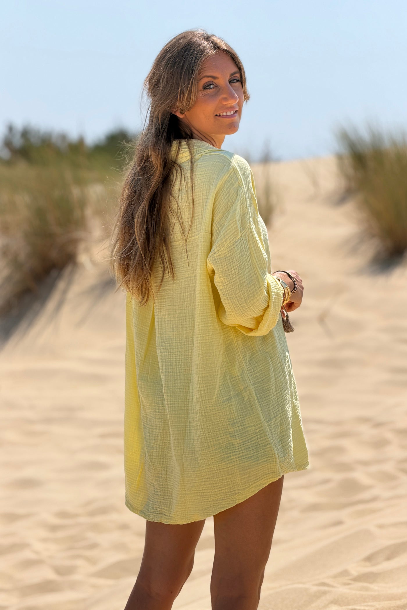 Yellow Crinkle Gauze Button-Down Beach Shirt
