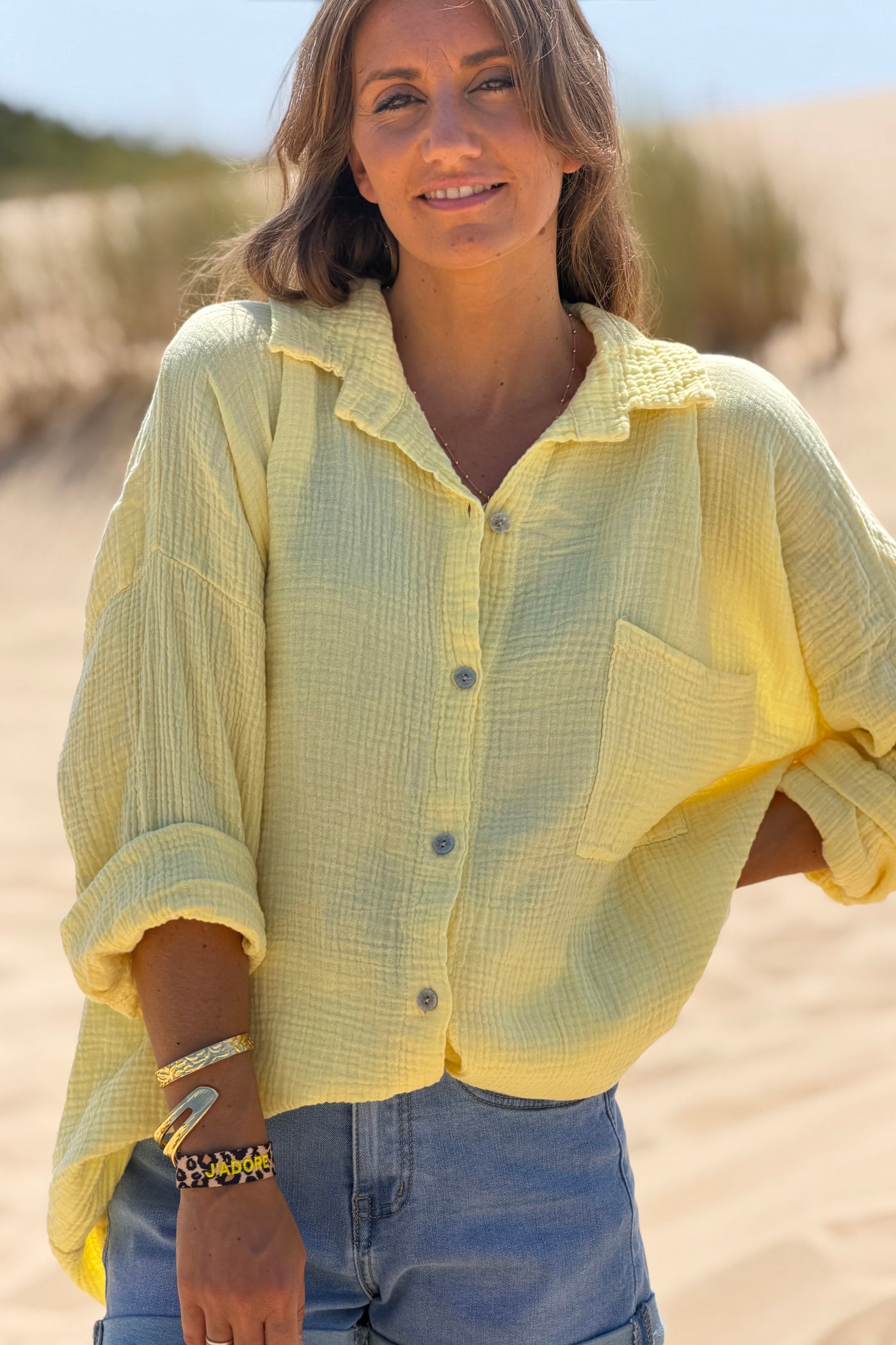 Yellow Crinkle Gauze Button-Down Beach Shirt