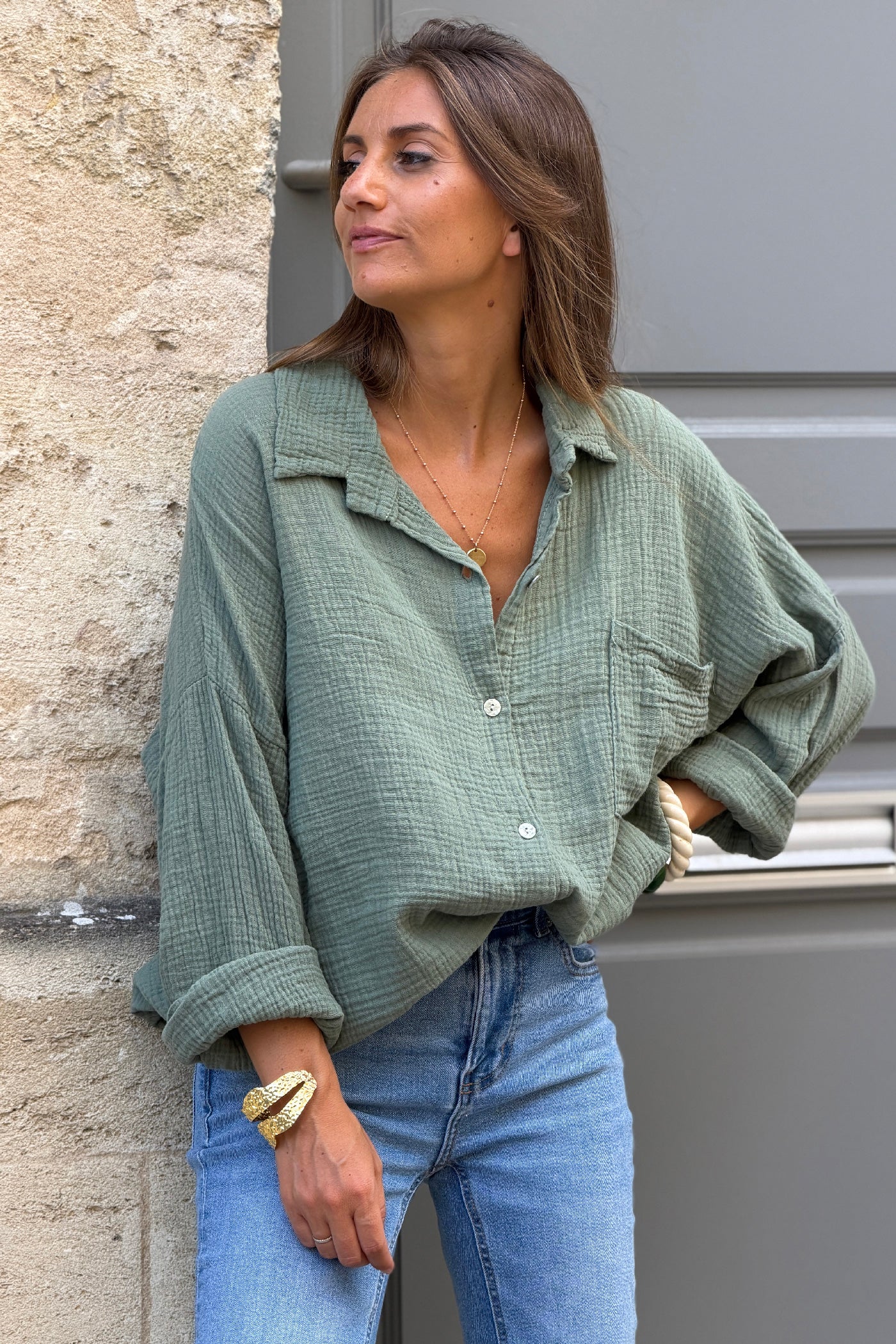 Olive Crinkle Gauze Button-Down Beach Shirt
