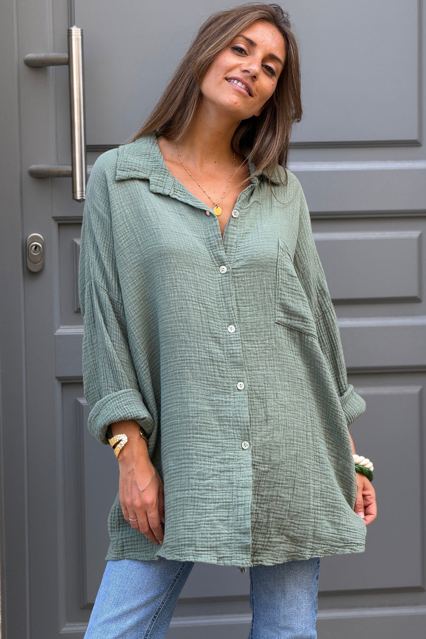 Olive Crinkle Gauze Button-Down Beach Shirt