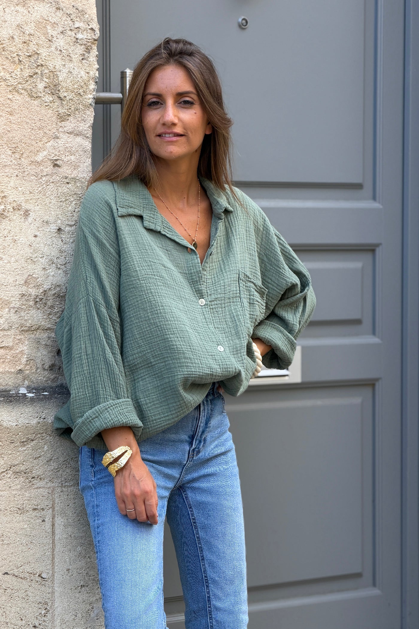 Olive Crinkle Gauze Button-Down Beach Shirt