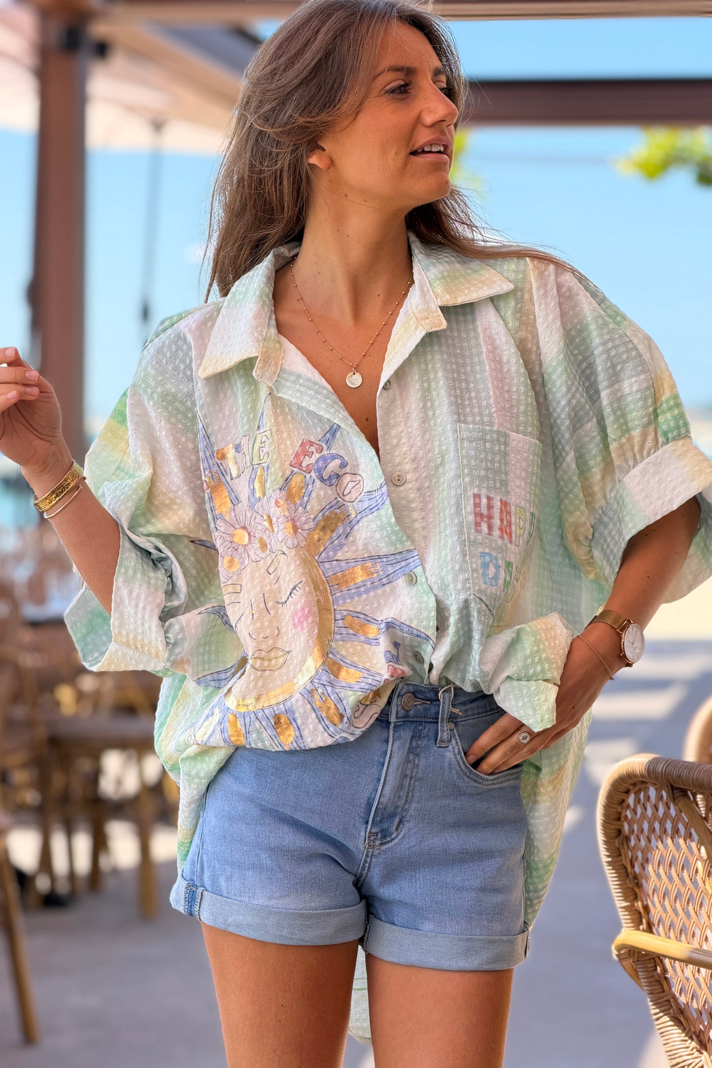 Green “Happy Days” Pastel Stripe Gauze Button-Down Shirt
