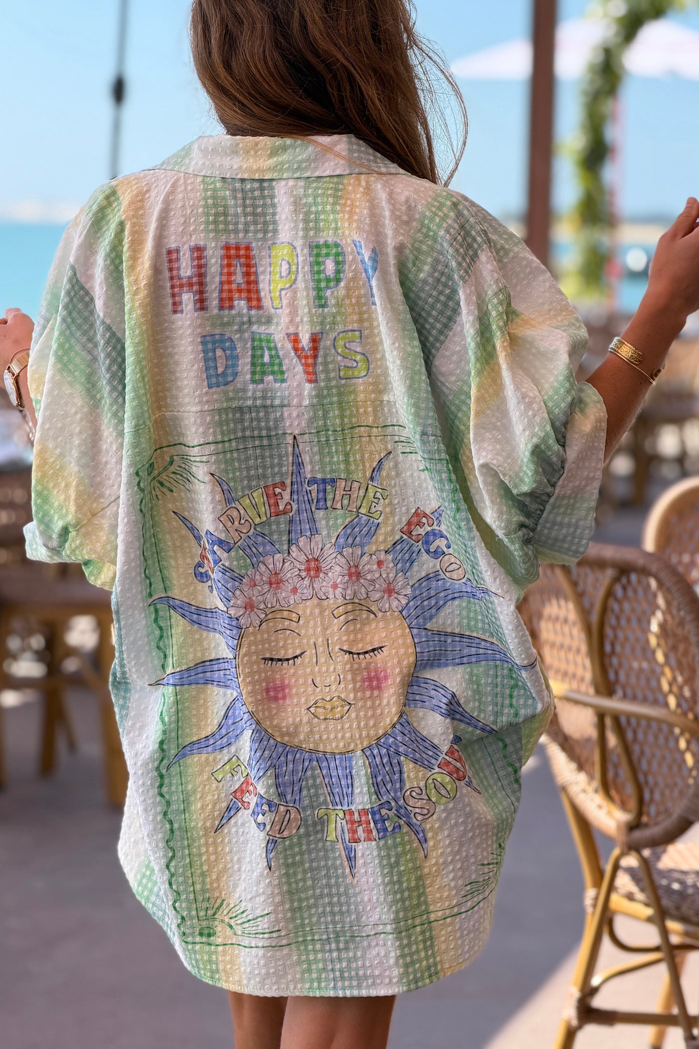 Green “Happy Days” Pastel Stripe Gauze Button-Down Shirt