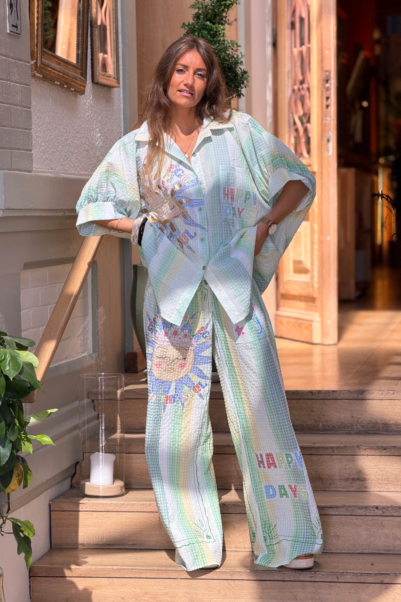 Green “Happy Days” Pastel Stripe Gauze Button-Down Shirt