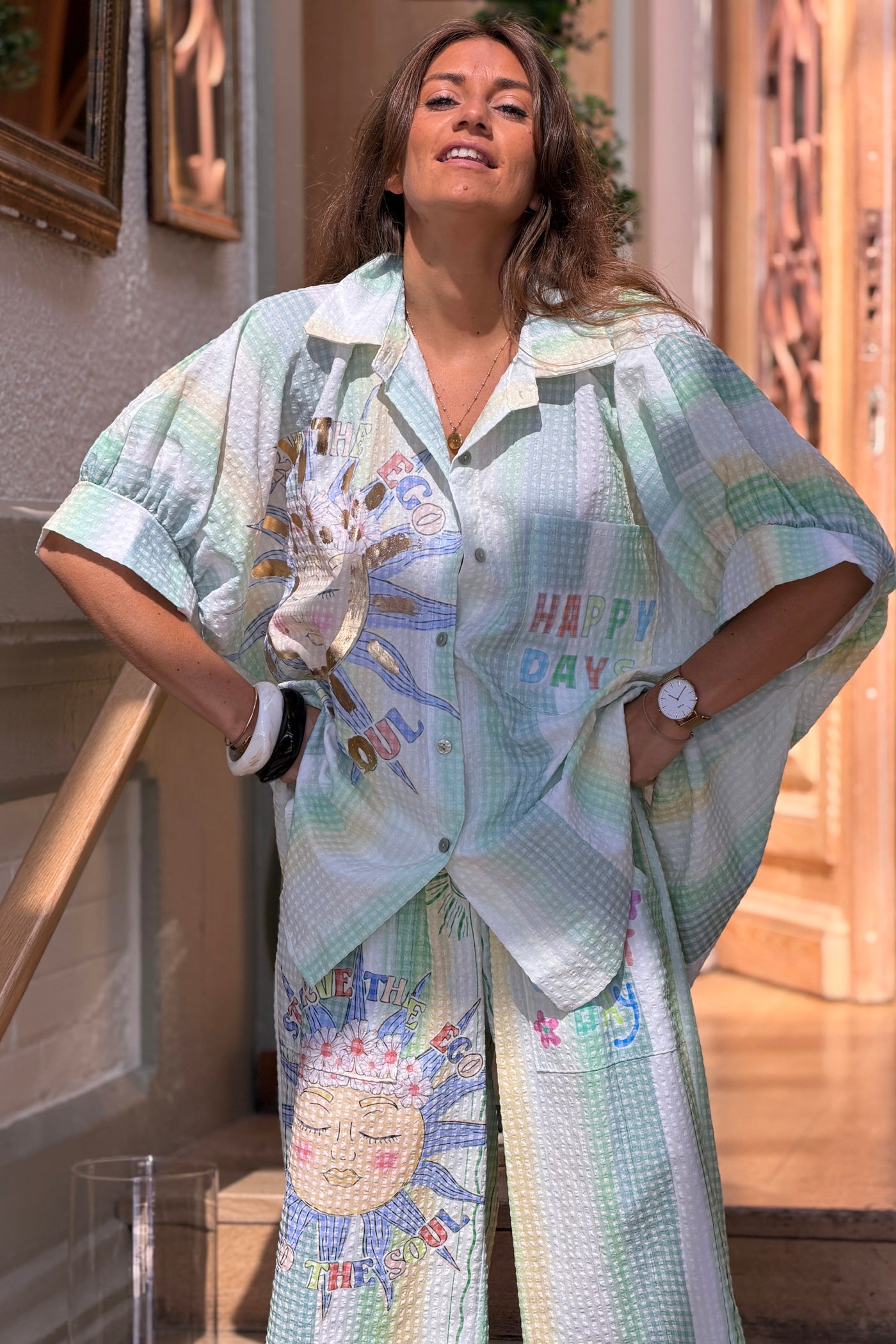 Green “Happy Days” Pastel Stripe Gauze Button-Down Shirt
