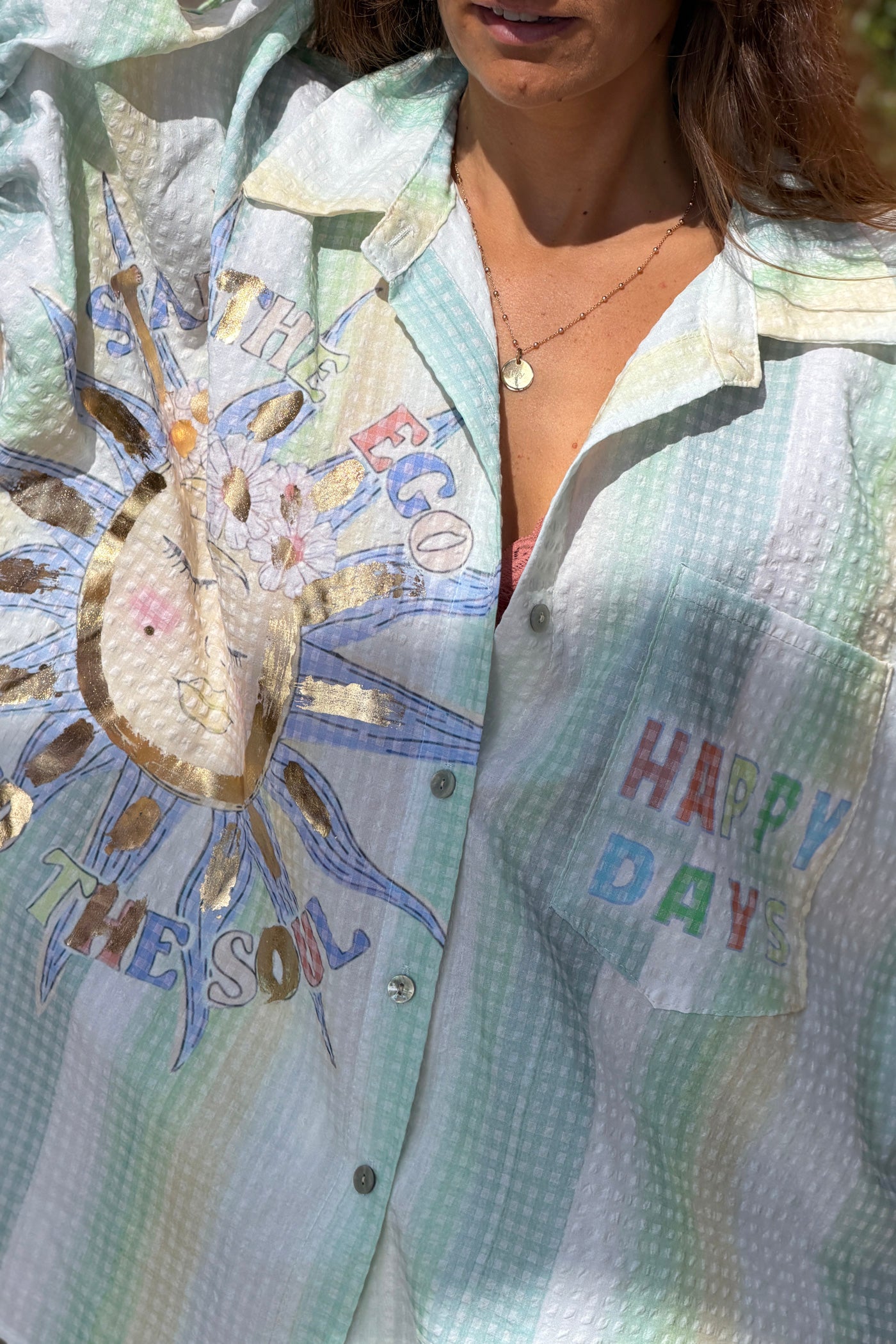 Green “Happy Days” Pastel Stripe Gauze Button-Down Shirt