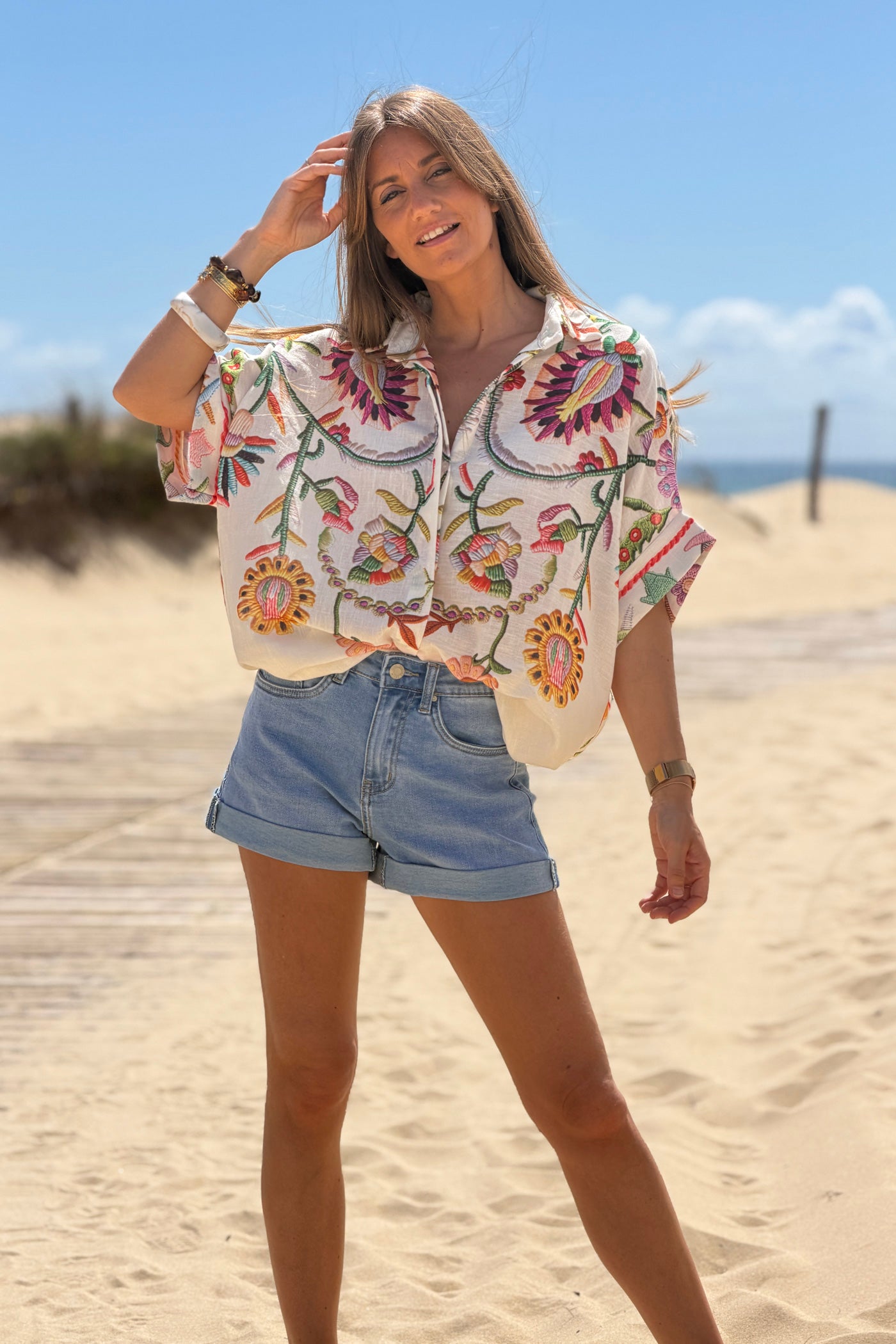 Beige Embroidered effect Folk Garden Button-Down Blouse