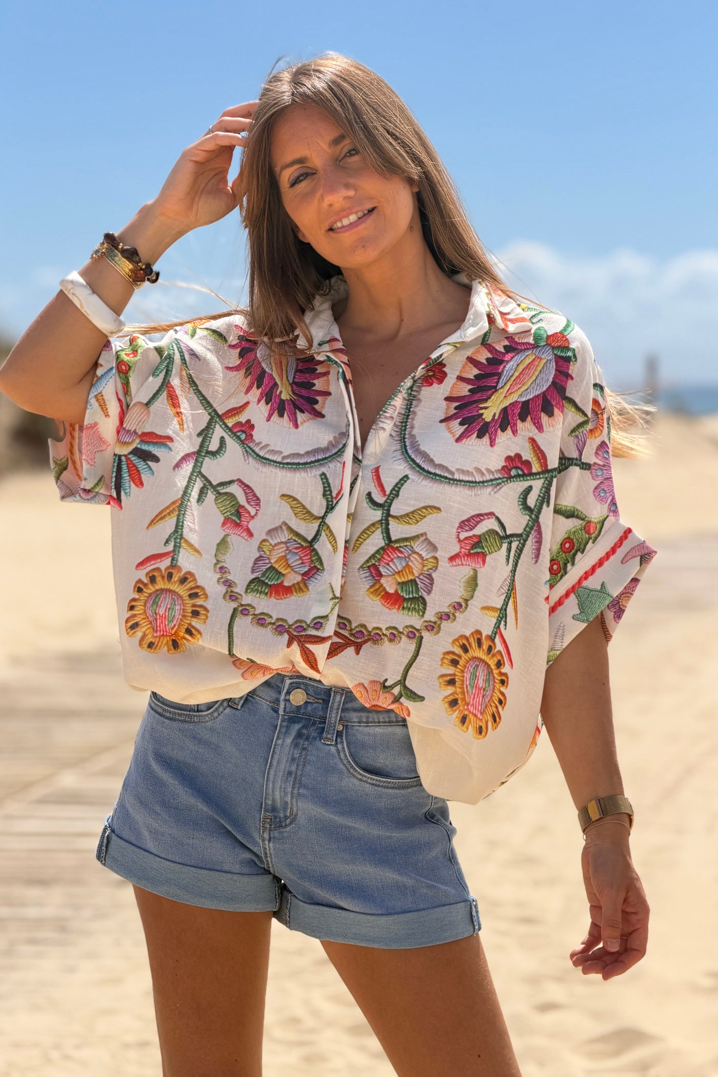 Beige Embroidered effect Folk Garden Button-Down Blouse