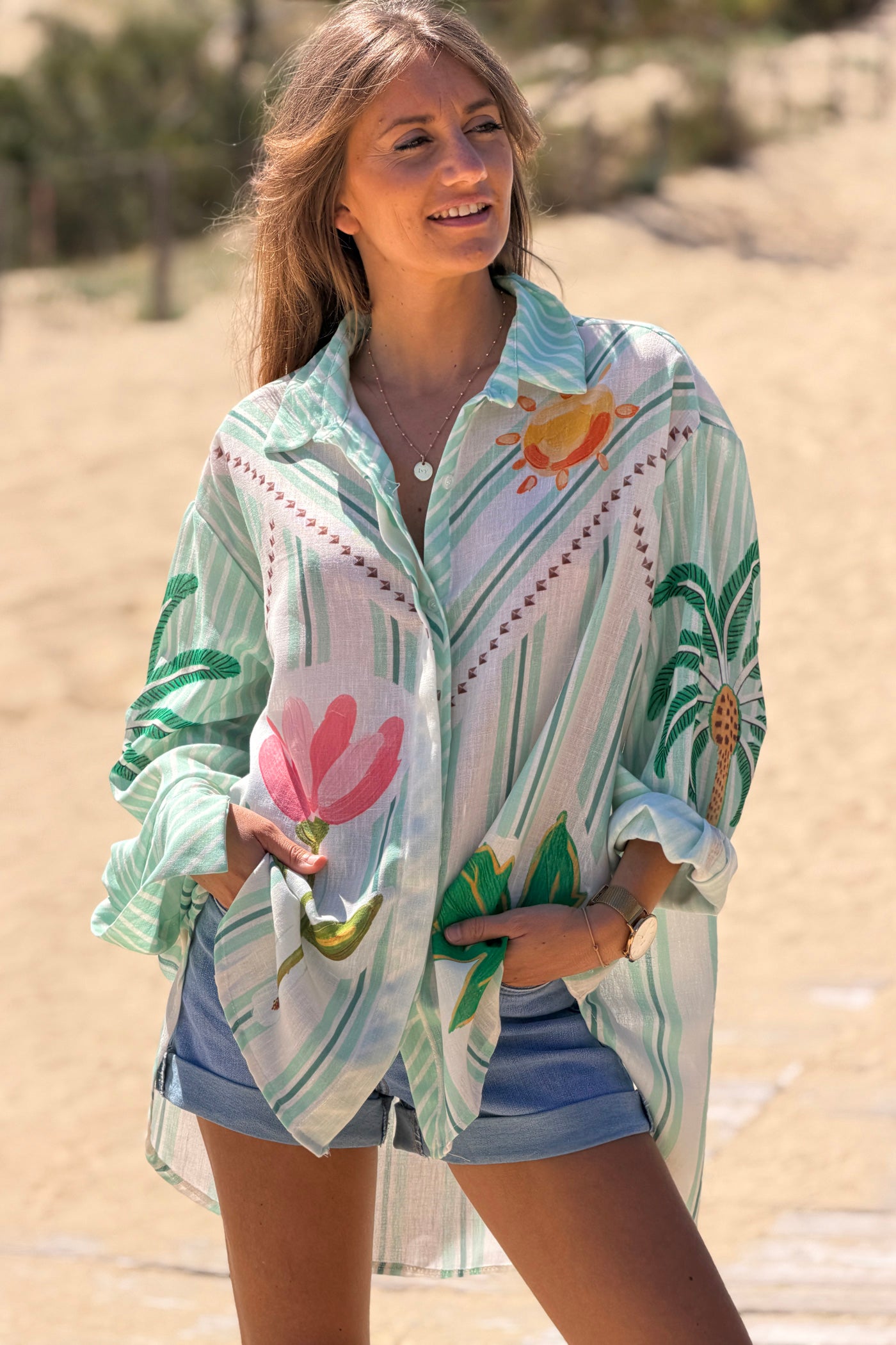 Sage Stripe Palm Dreams Button-Down Blouse