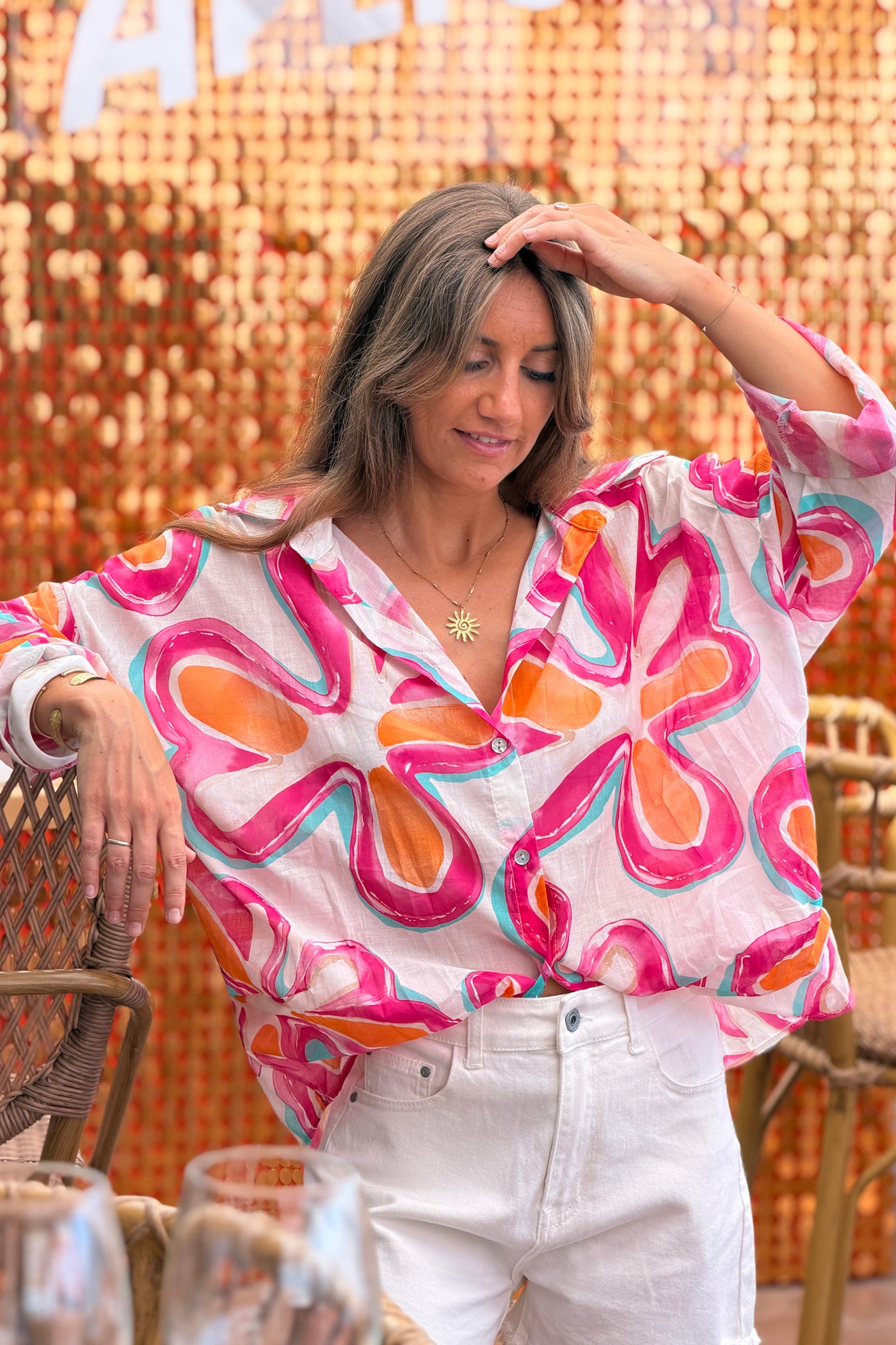 Chemise légère en coton imprimé fleurs seventies fuchsia