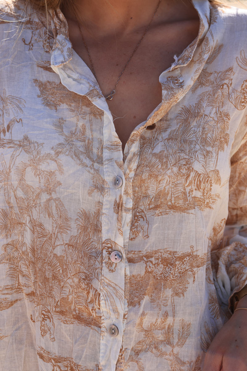Chemise légère en voile de coton imprimé toile de jouy beige