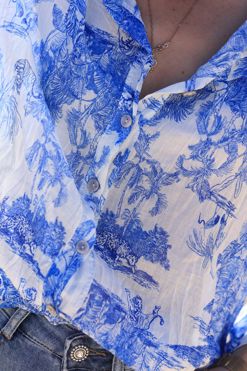 Camisa ligera de gasa de algodón estampada toile de jouy azul real