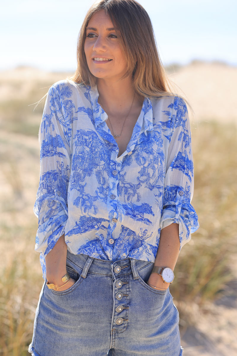 Camisa ligera de gasa de algodón estampada toile de jouy azul real