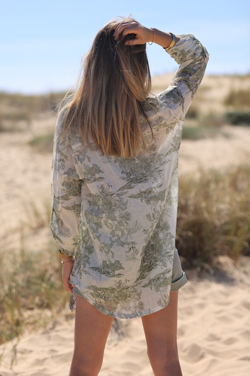 Semi-sheer Cotton Shirt with Olive Toile de Jouy Print
