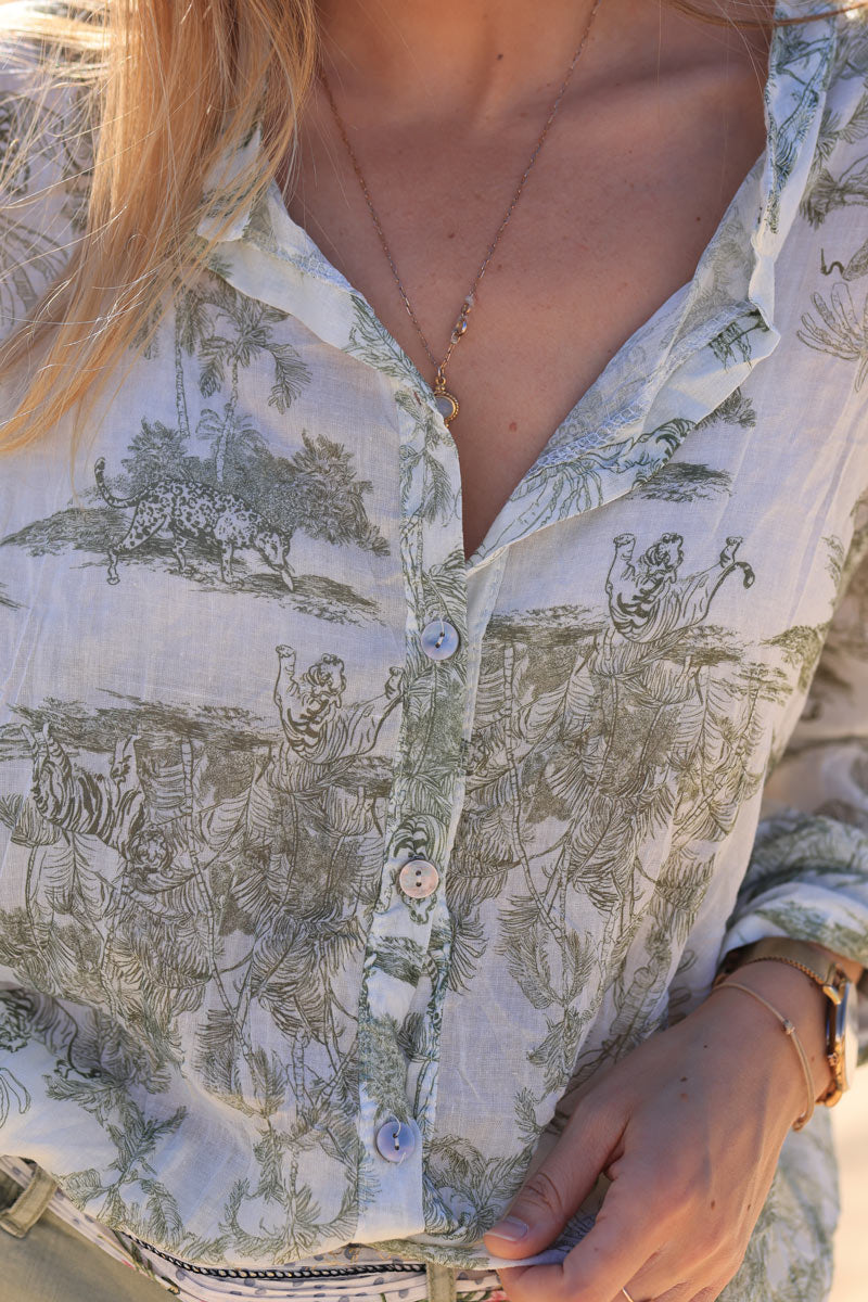 Semi-sheer Cotton Shirt with Olive Toile de Jouy Print