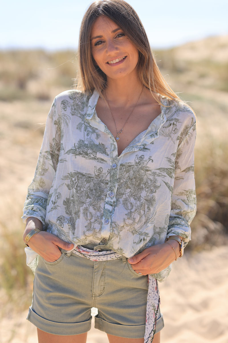 Semi-sheer Cotton Shirt with Olive Toile de Jouy Print