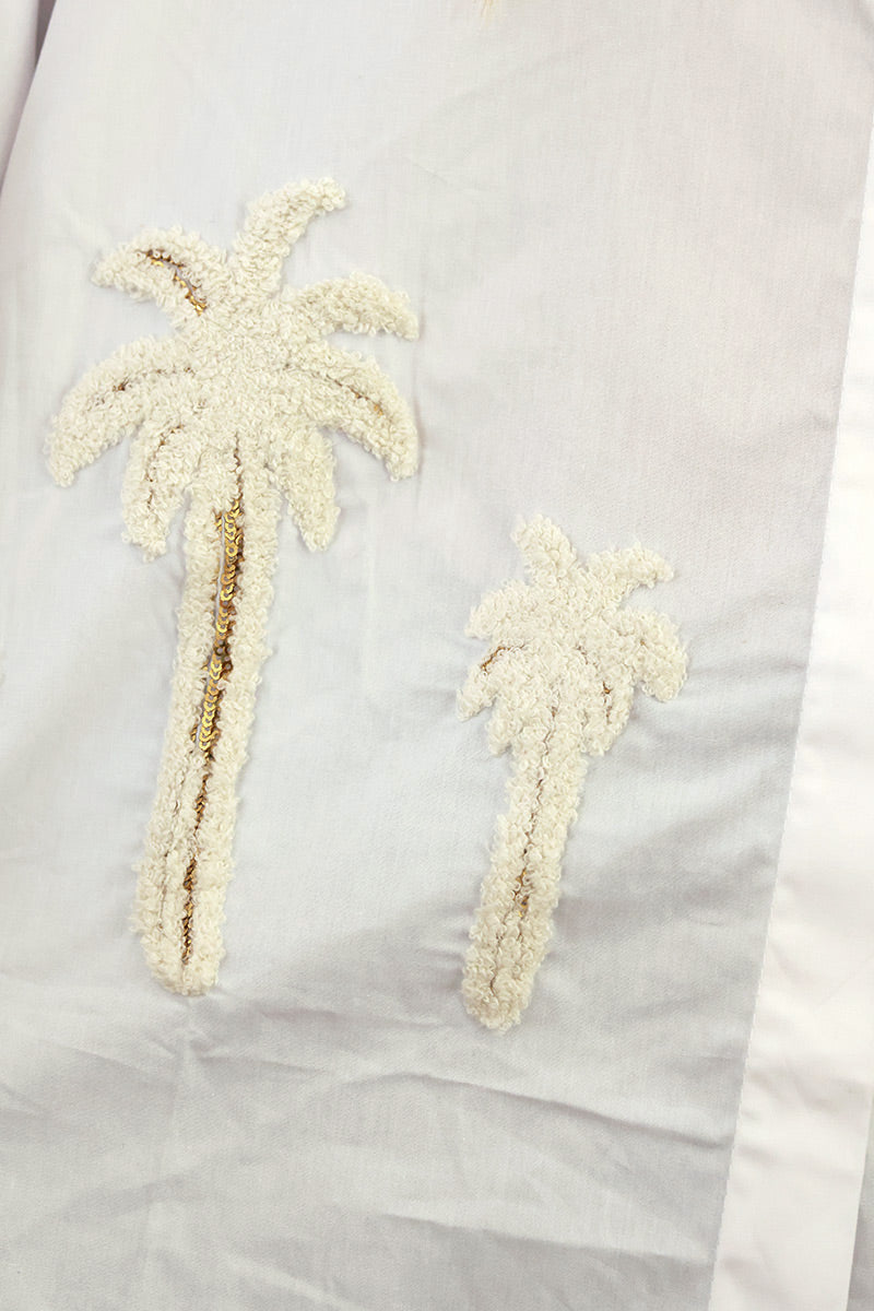 Chemise oversize blanche en coton broderie palmiers en bouclettes et sequins