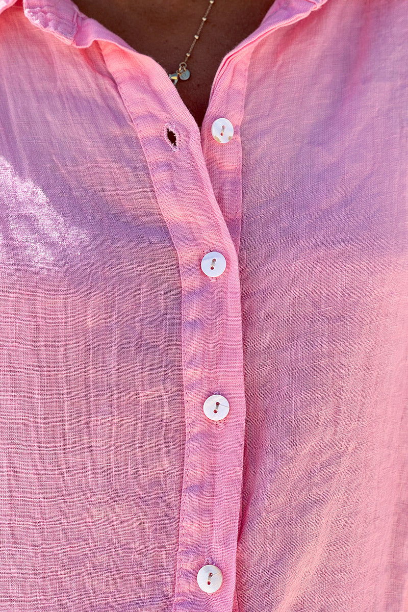 Pink Roll-Cuff Button-Down Blouse