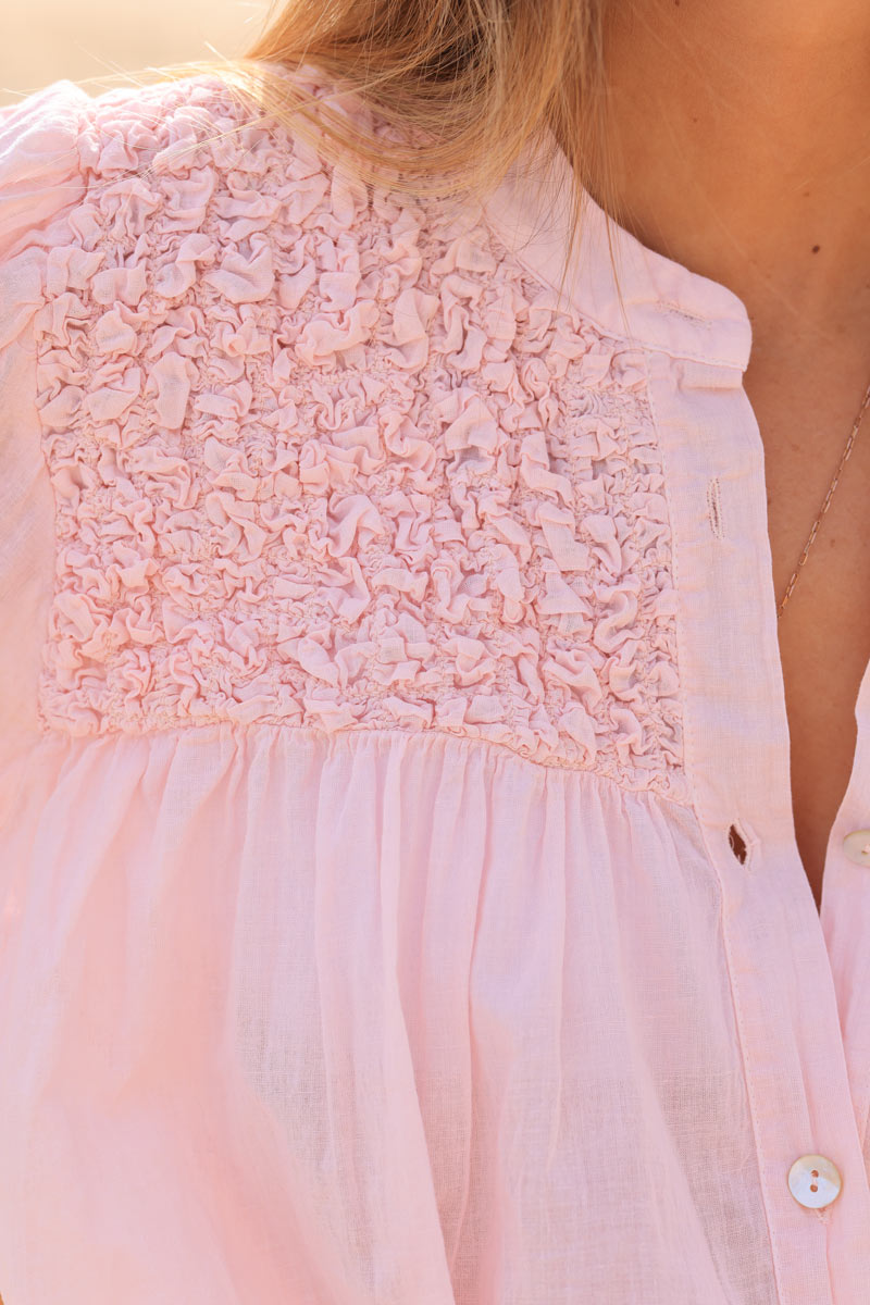 Smocked soft pink floaty blouse with mother of pearl buttons