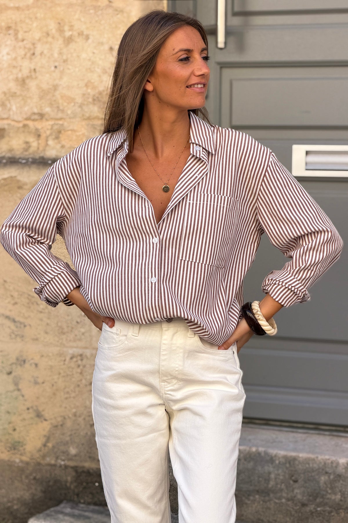Mocha Brown Pinstripe Button-Down Blouse