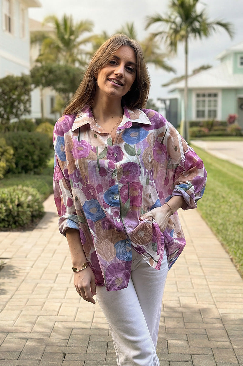 Purple Spring Floral Cotton Button-Down Blouse