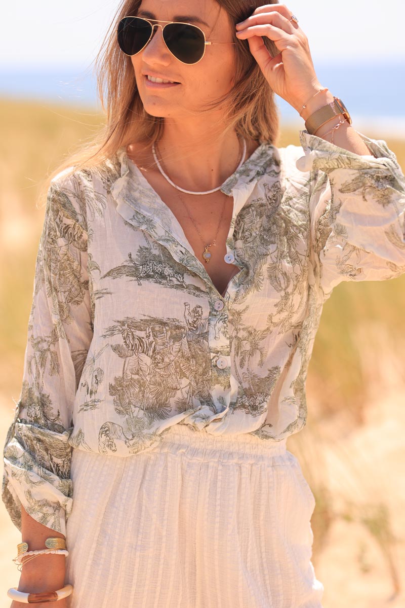 Semi-sheer Cotton Shirt with Olive Toile de Jouy Print