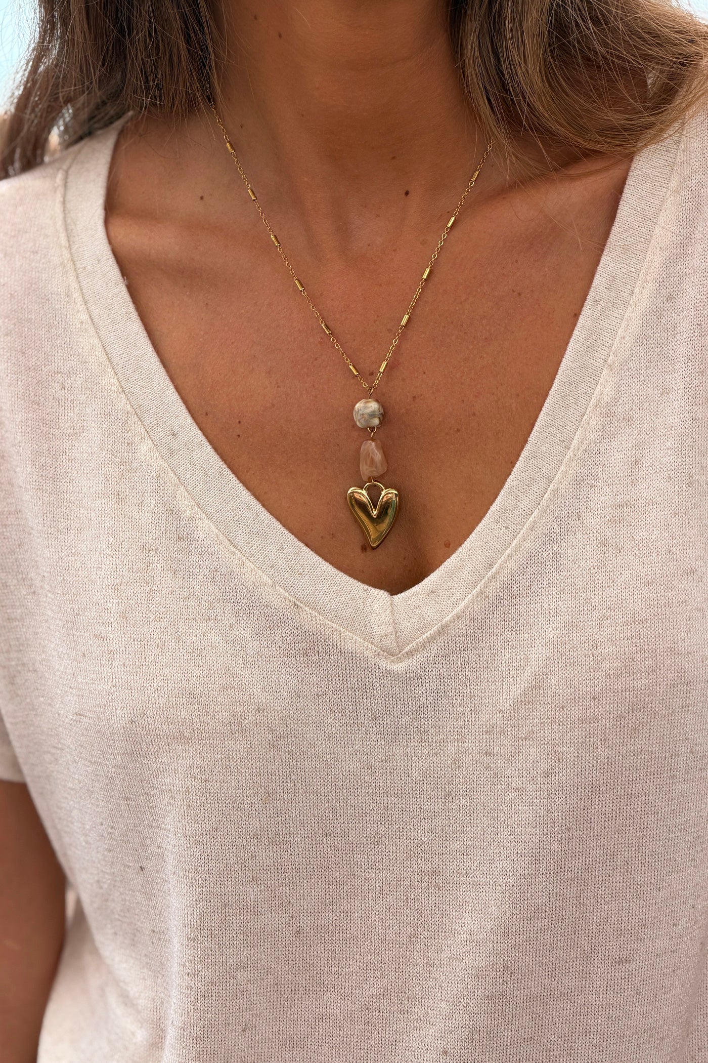 Golden Heart and Sea Glass Pendant Necklace