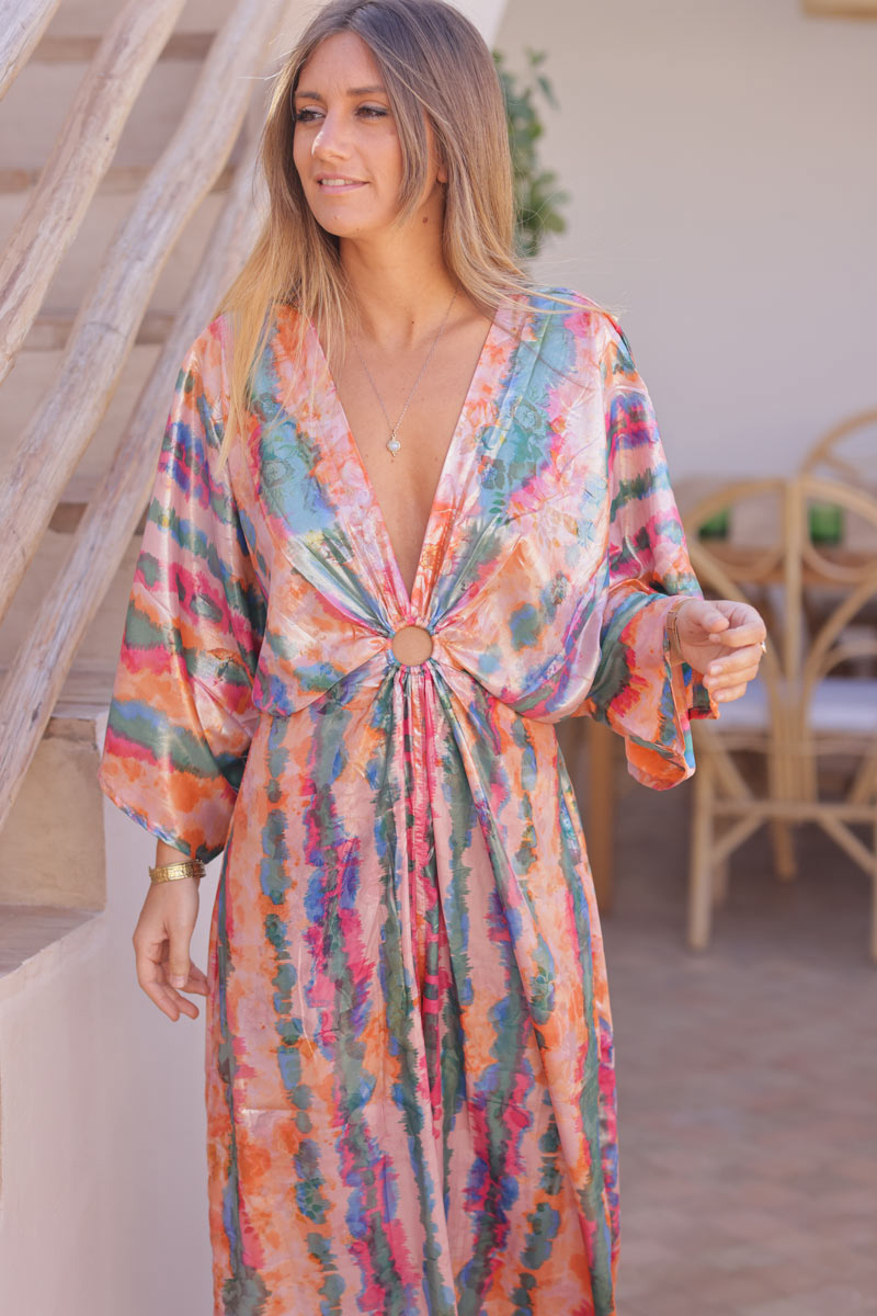 Colourful watercolour metallic wide leg jumpsuit with butterfly sleeves
