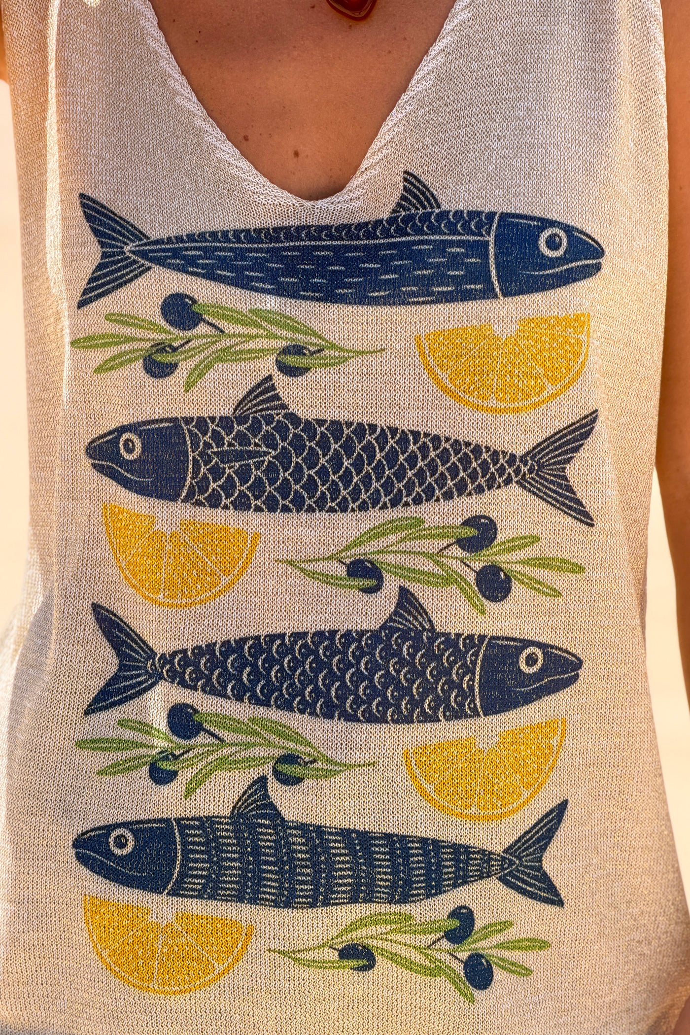 Cream Citrus and Sardines Knit Tank Top