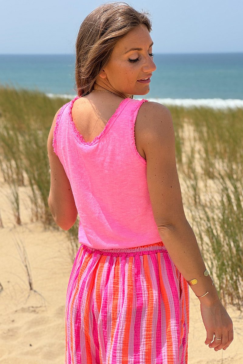 Débardeur rose fluo délavé coton finitions franges
