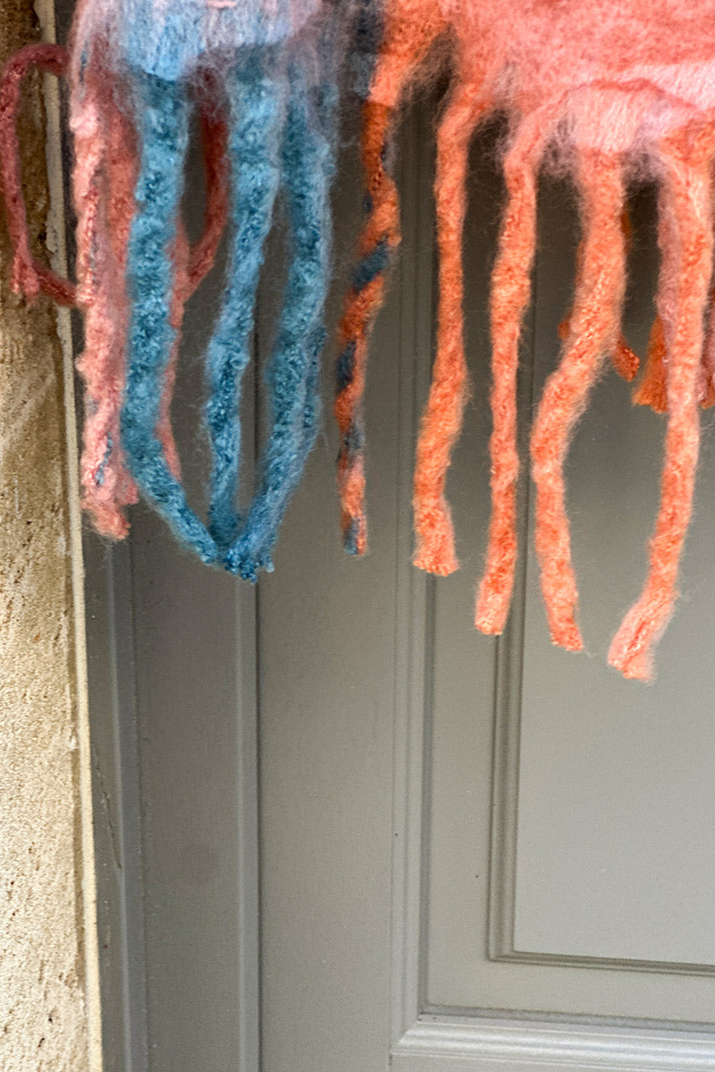 Écharpe toute douce à carreaux pastel vieux rose et bleu avec franges