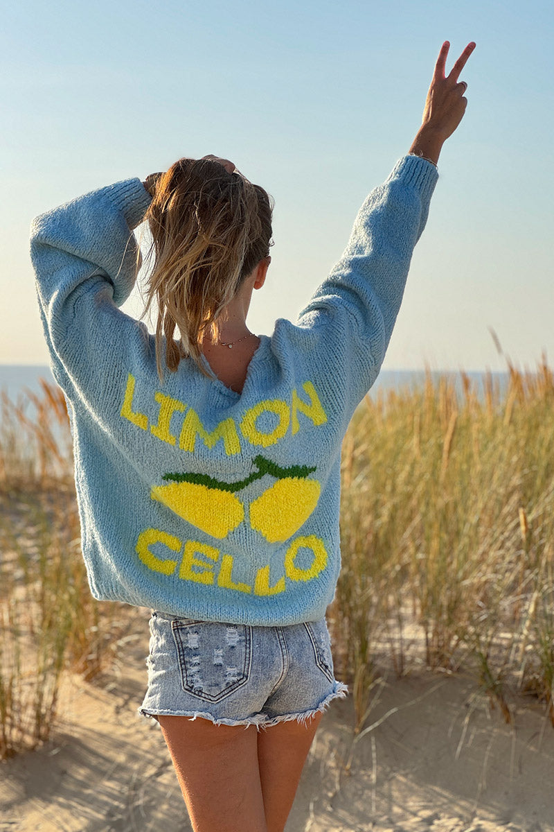 Gilet bleu ciel en grosse maille et gros boutons citron limoncello au dos