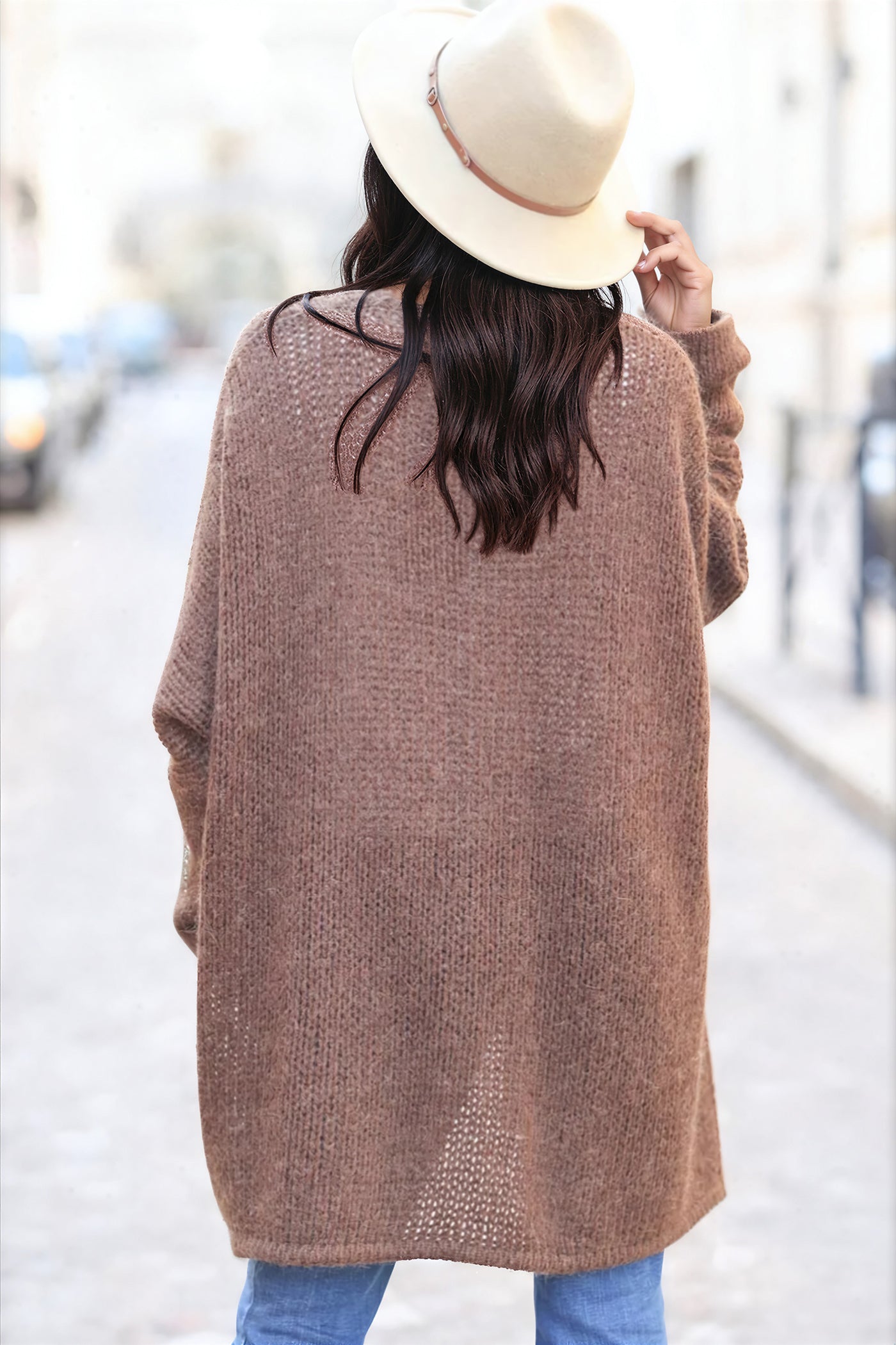 Gilet chocolat mi long grosses mailles étoile strass manches