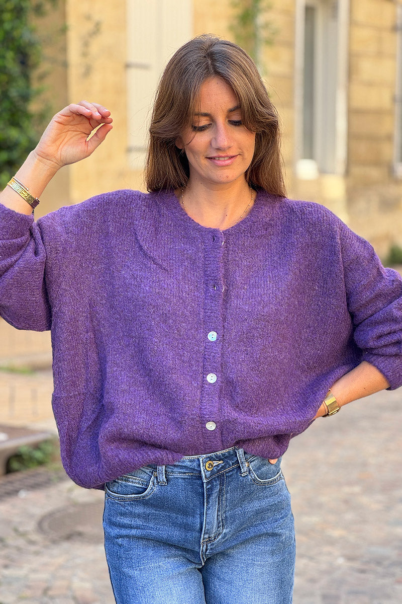Gilet douillet aubergine chiné en maille col rond boutons nacrés