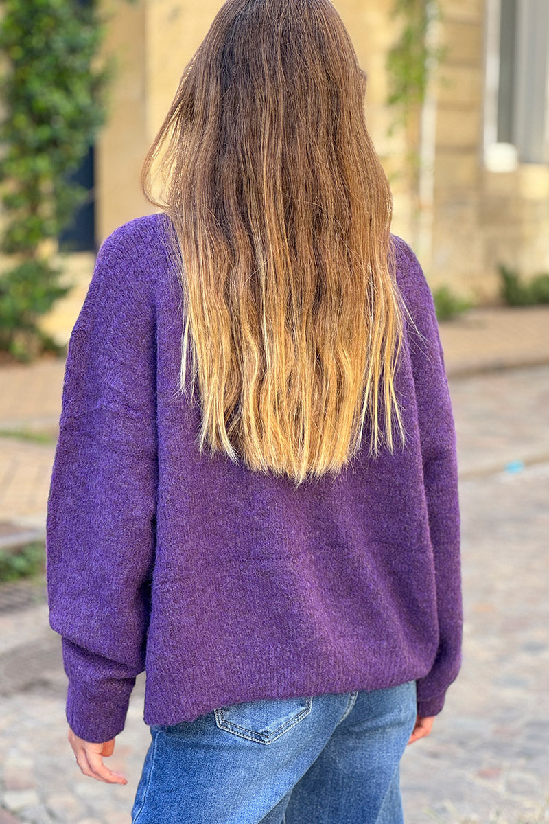 Gilet douillet aubergine chiné en maille col rond boutons nacrés