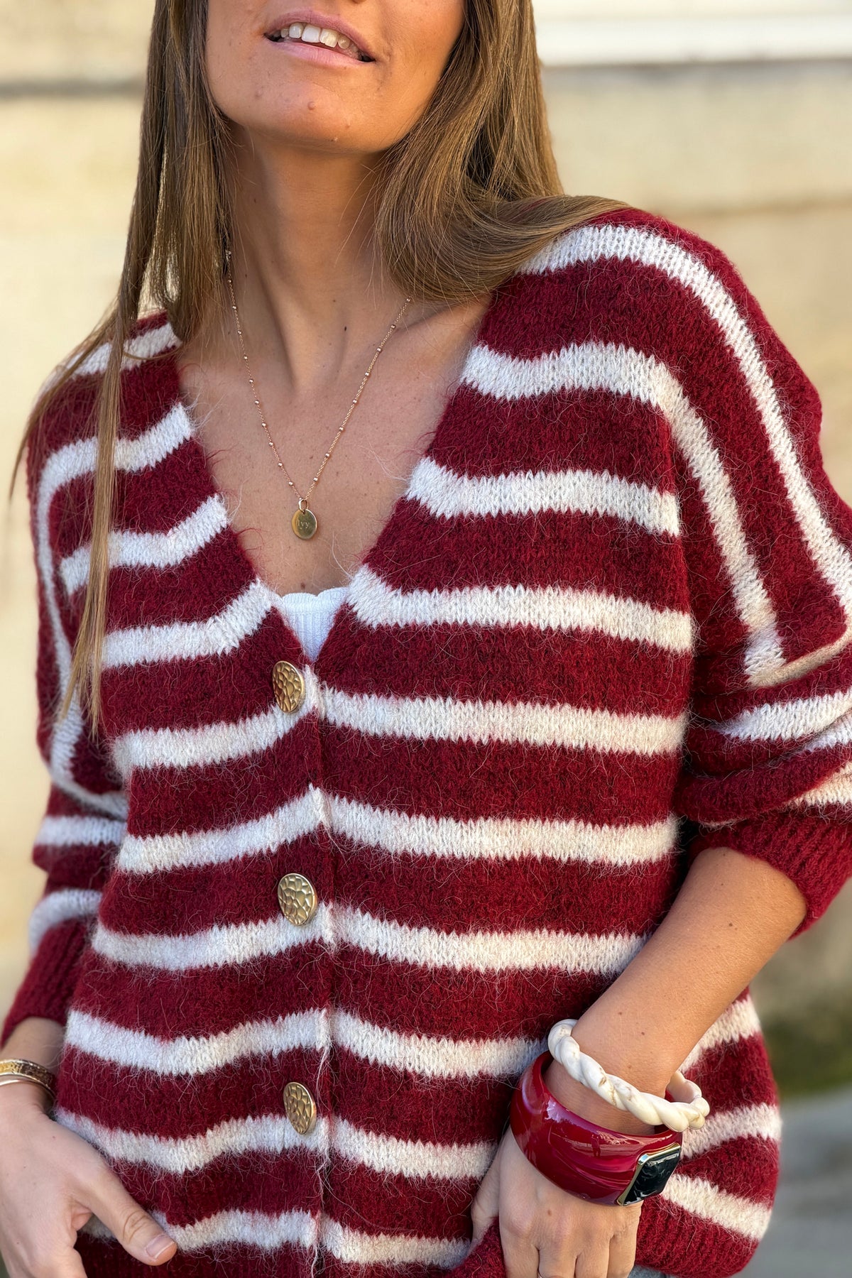 Burgundy Wine Stripe Wool Blend Knit Cardigan