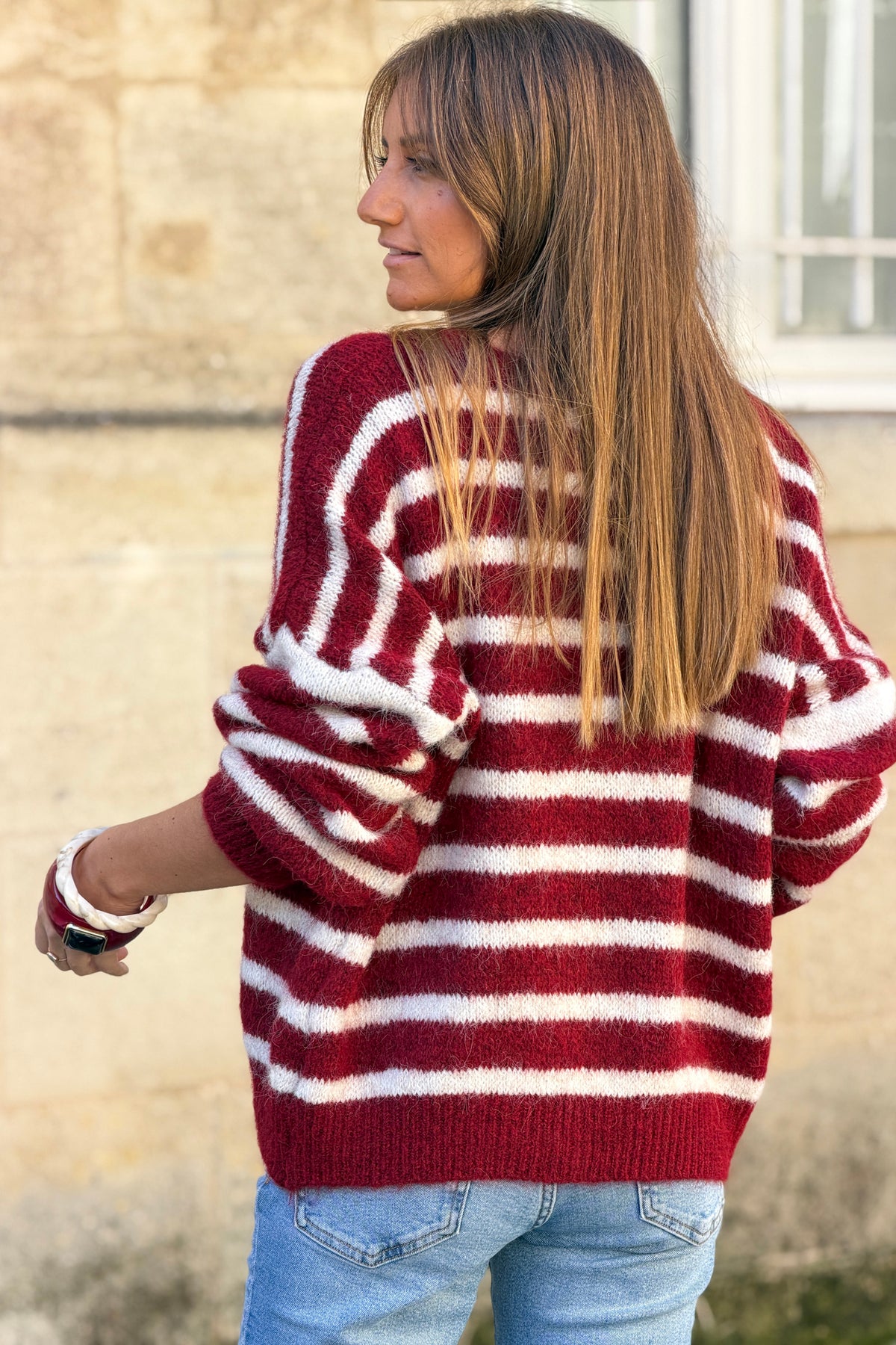 Burgundy Wine Stripe Wool Blend Knit Cardigan