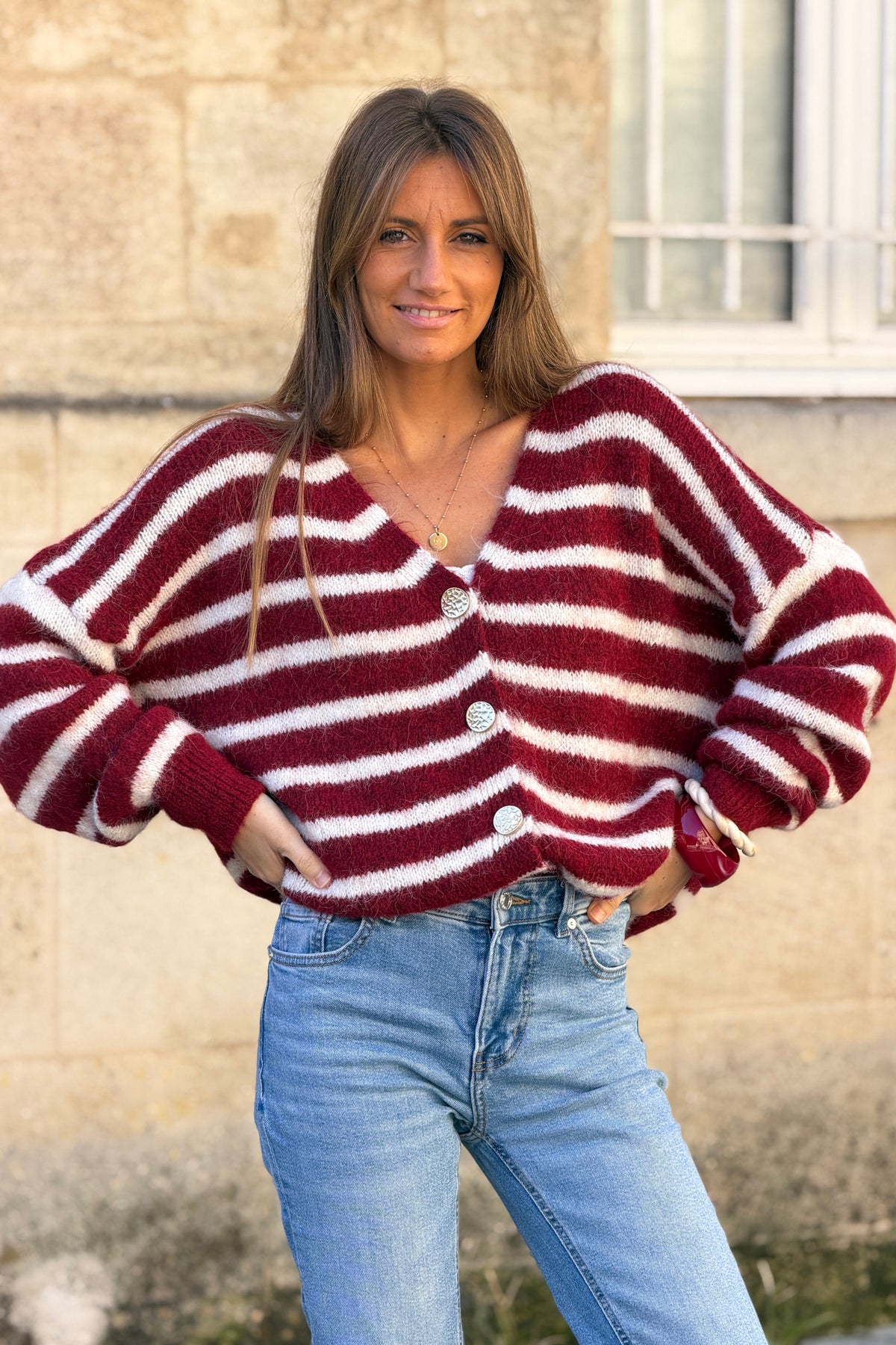 Burgundy Wine Stripe Wool Blend Knit Cardigan