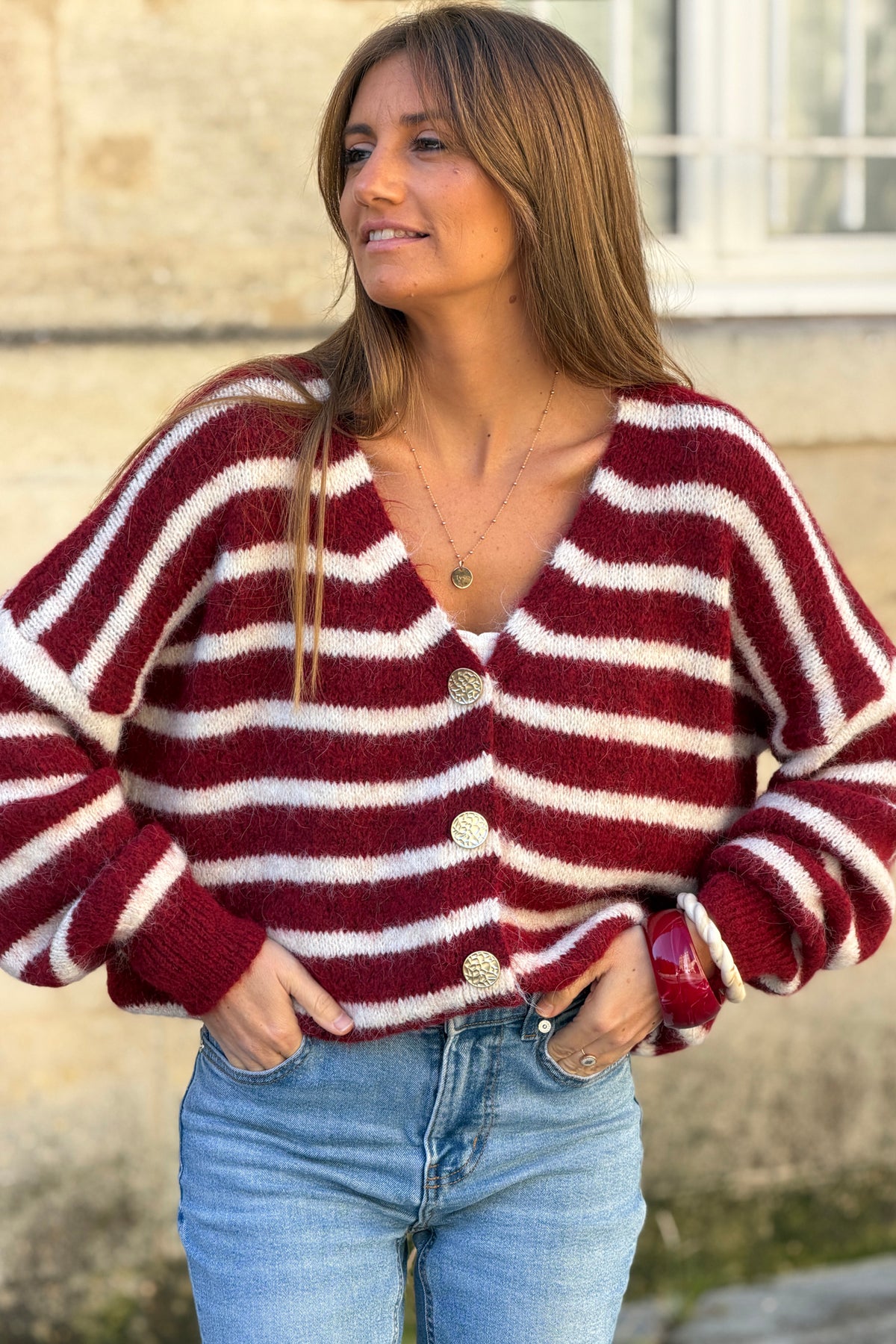 Burgundy Wine Stripe Wool Blend Knit Cardigan