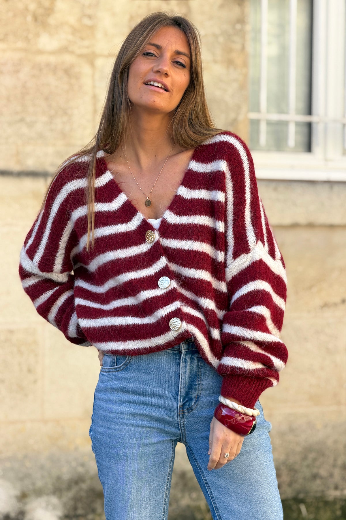 Burgundy Wine Stripe Wool Blend Knit Cardigan