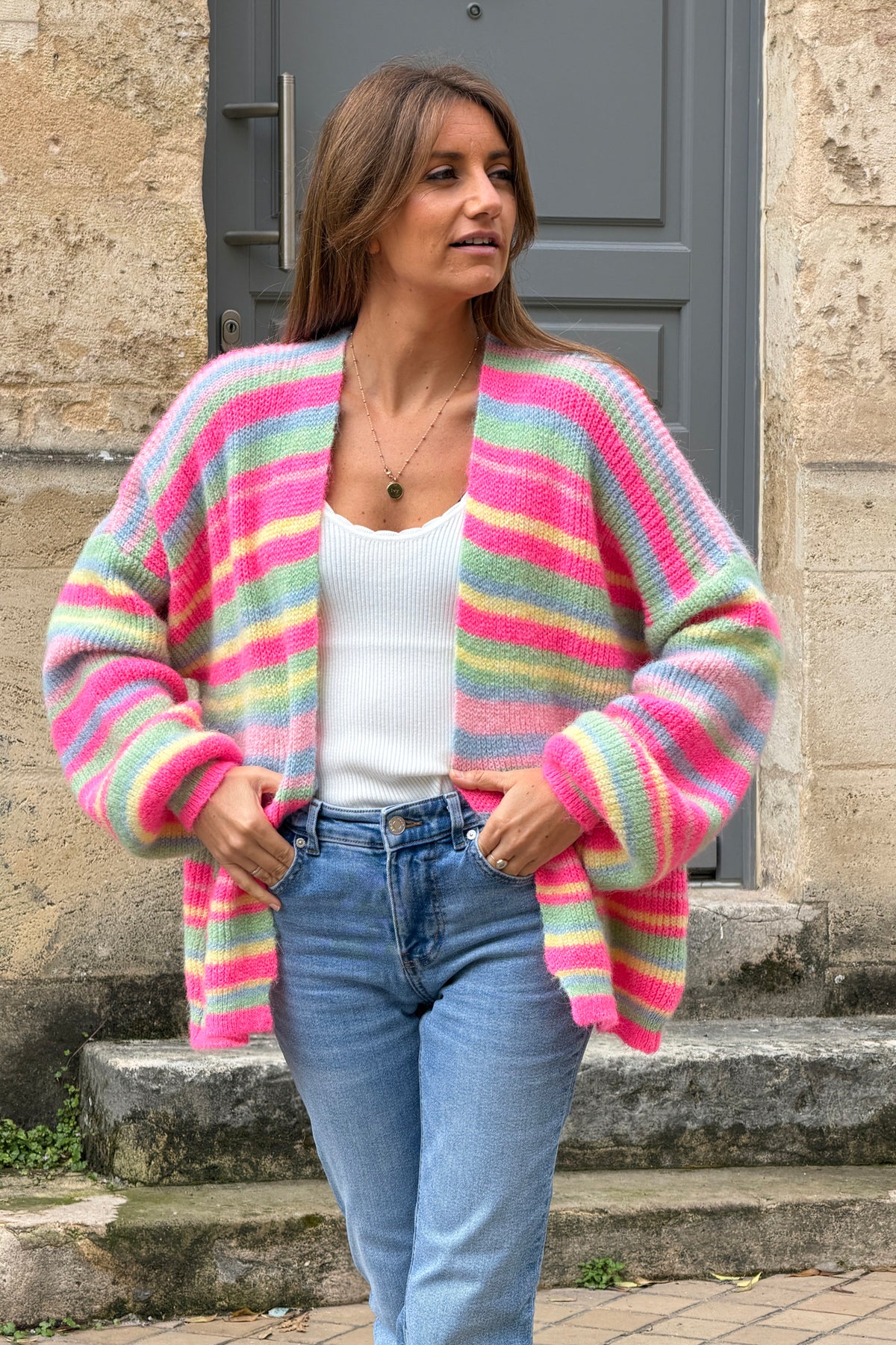 Pink Neon Stripe Knit Cardigan