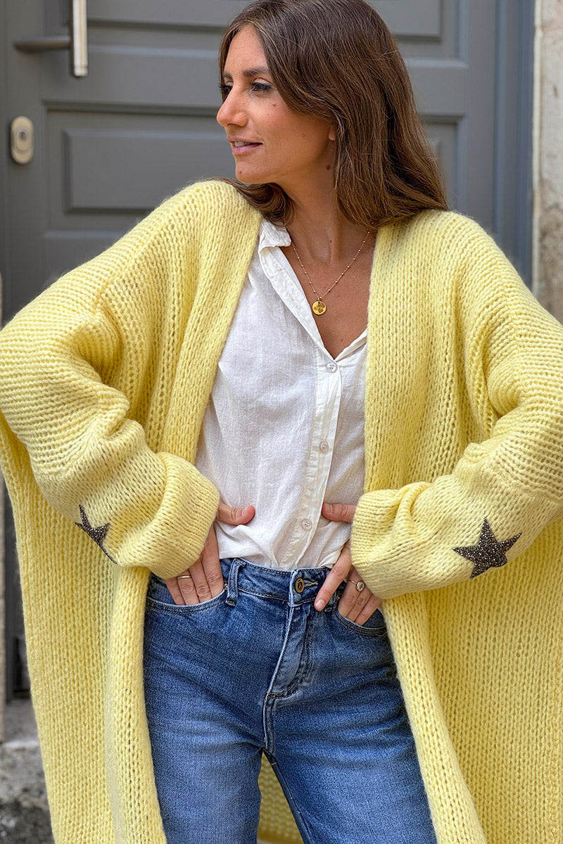 Butter yellow Drop-Sleeve Knit Duster with Star Studded Cuffs