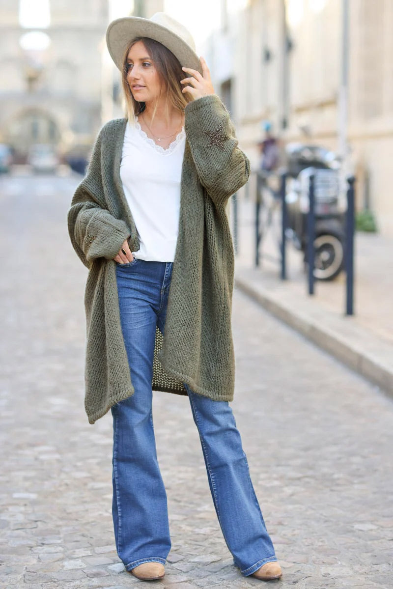Gilet kaki mi-long grosses mailles étoile strass manches