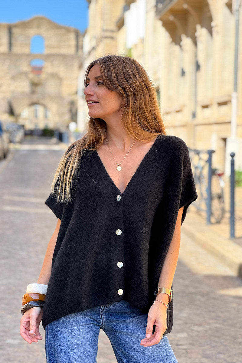 Gilet large et loose noir sans manches en maille kid mohair boutons nacrés