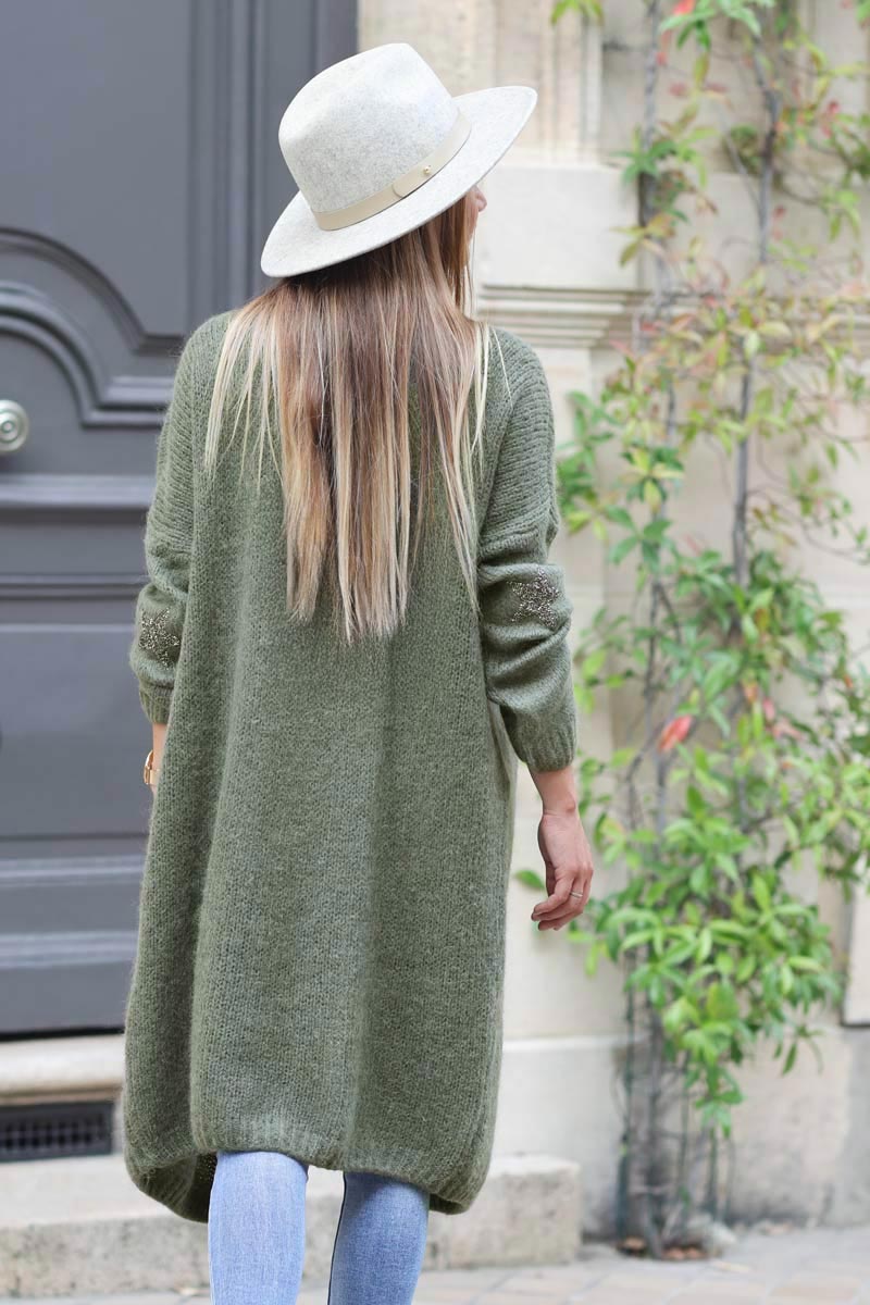 Olive Knit Duster with Star Studded Elbow Patches