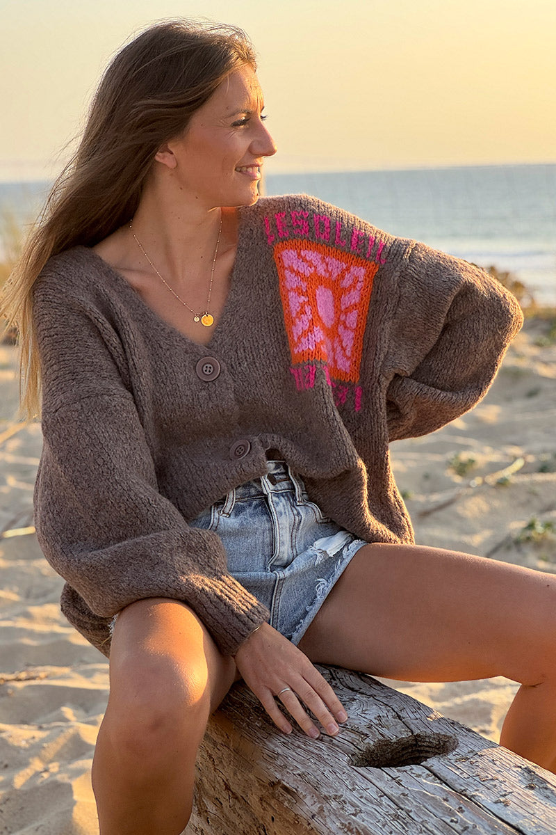 Brown Knit “Le Soleil” Cardigan Sweater