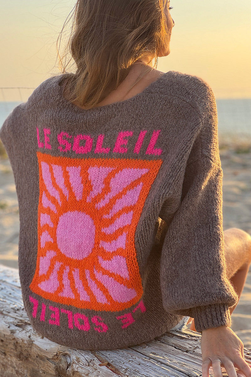 Brown Knit “Le Soleil” Cardigan Sweater