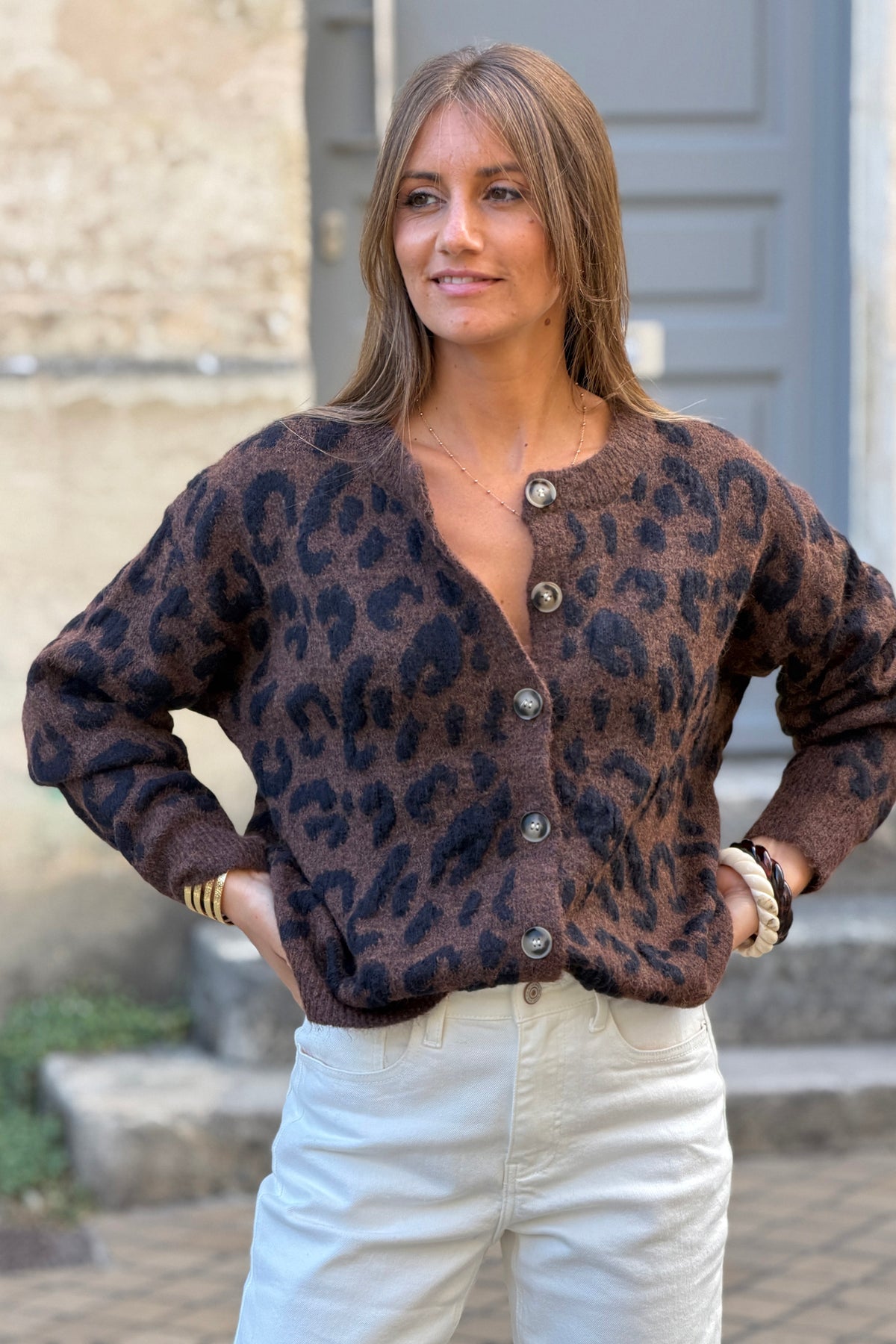 Gilet moelleux en maille motif léopard marron