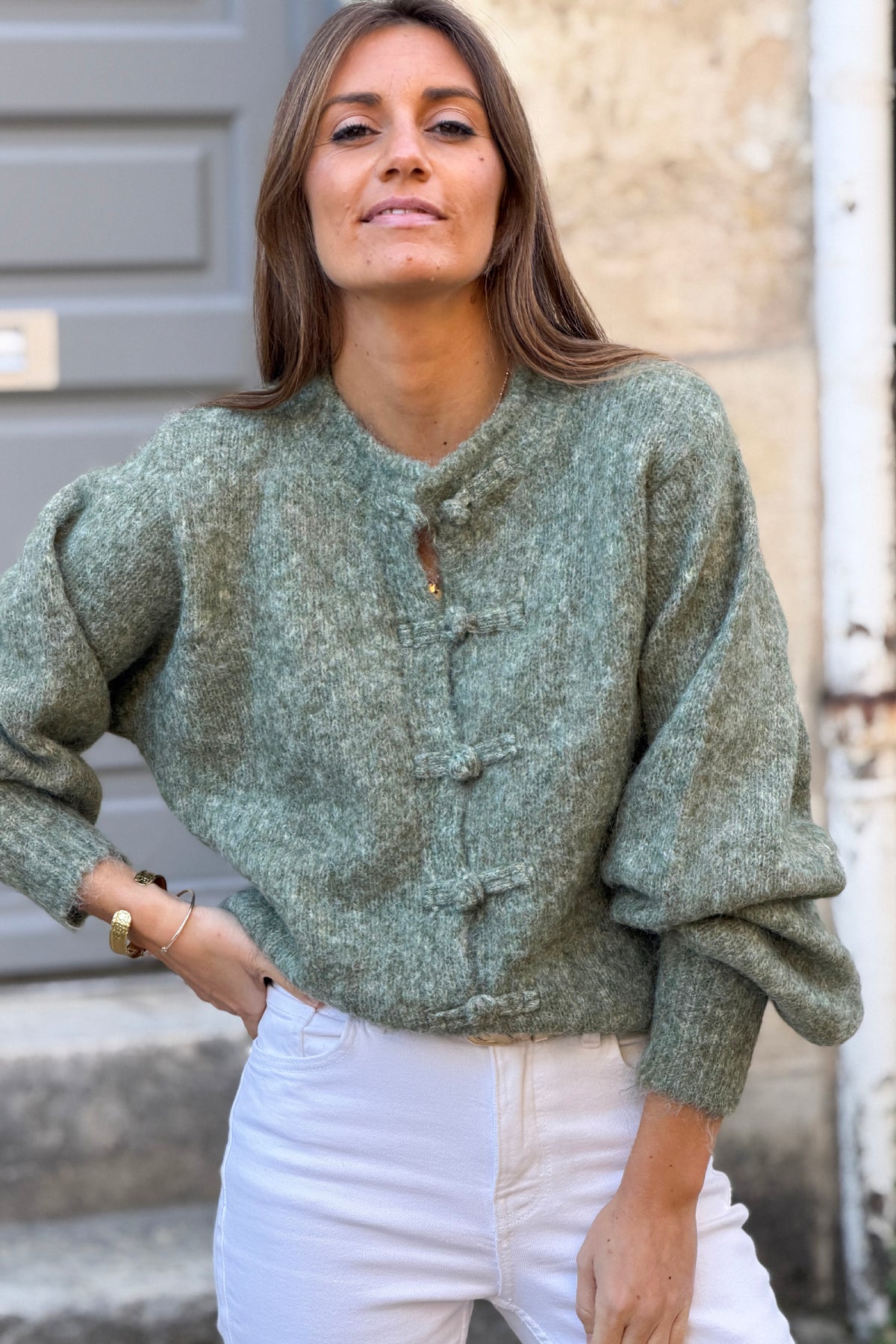 Sage Marled Knit Mohair Sweater Jacket