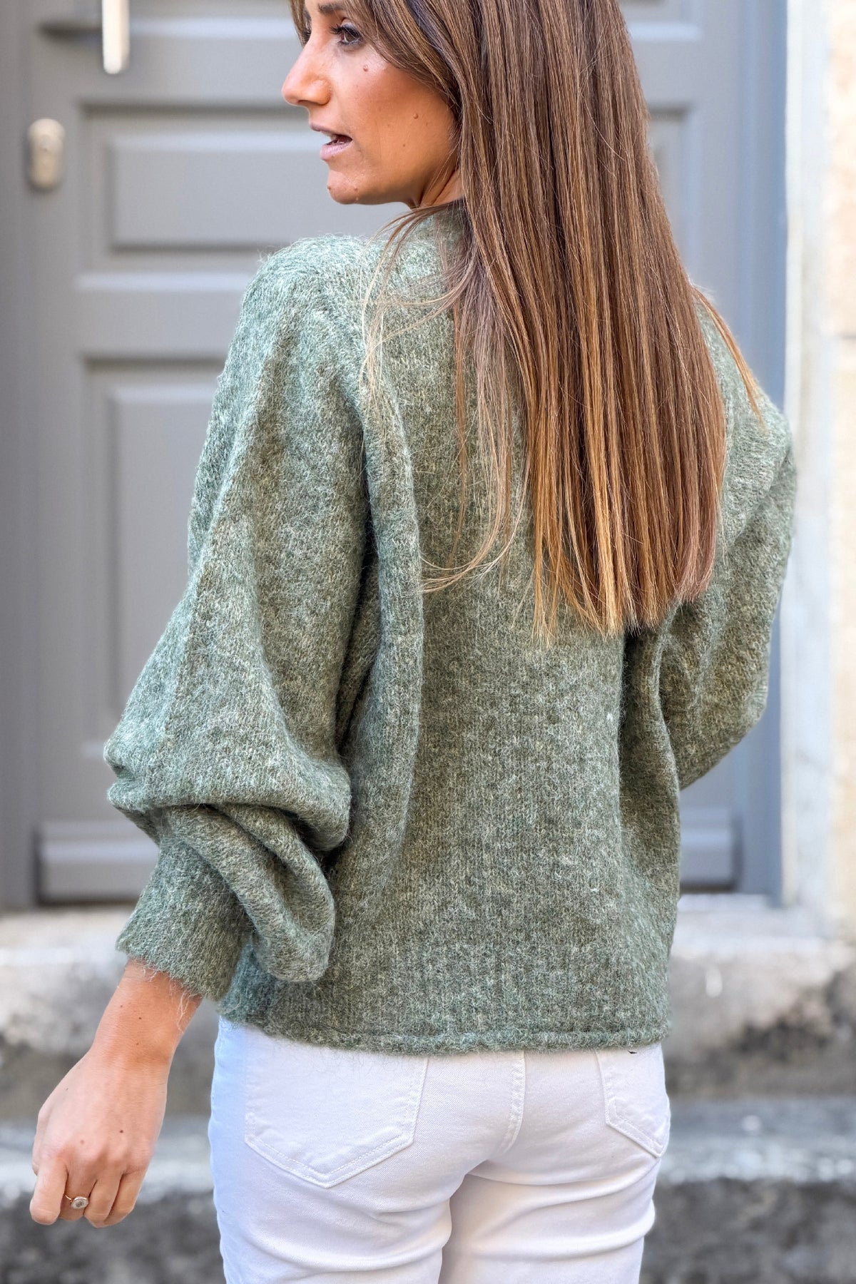 Sage Marled Knit Mohair Sweater Jacket